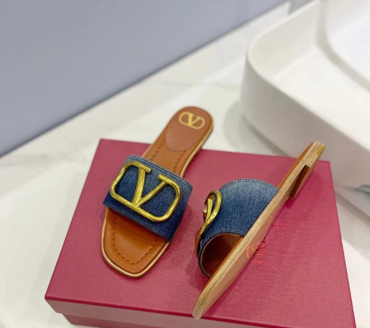 V Logo Denim Sandals