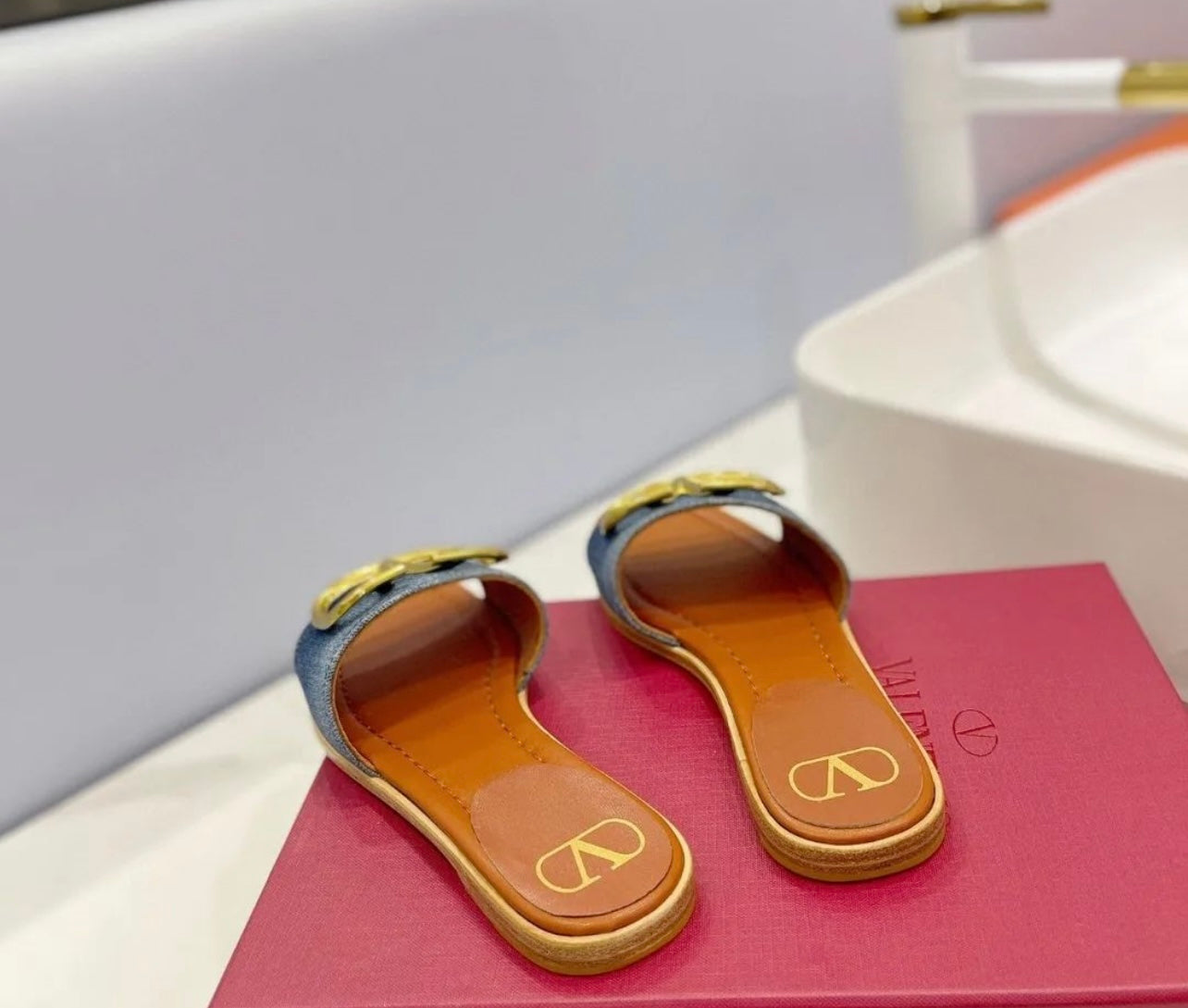 V Logo Denim Sandals