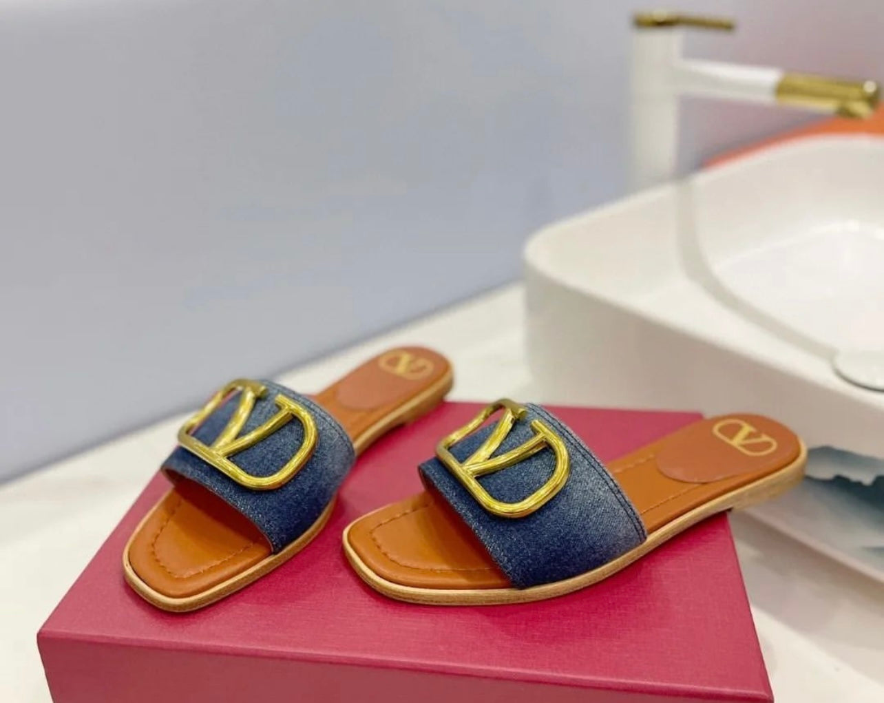 V Logo Denim Sandals